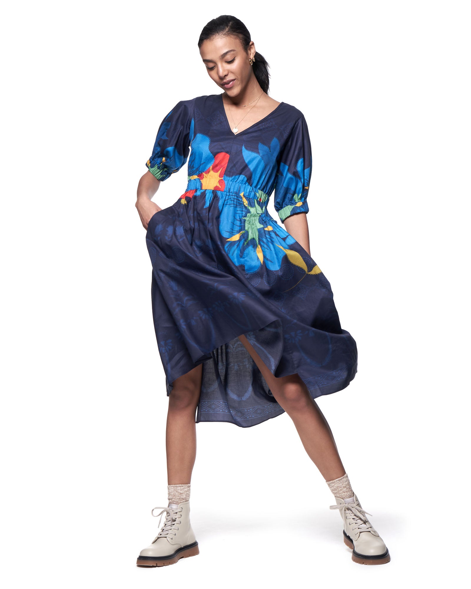 Sophia Dress | Navy Blooming Batik