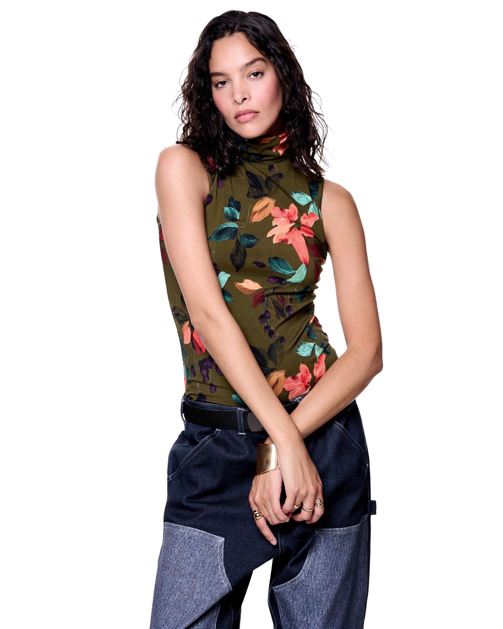 Sleeveless Turtleneck | Olive Harvest Florals